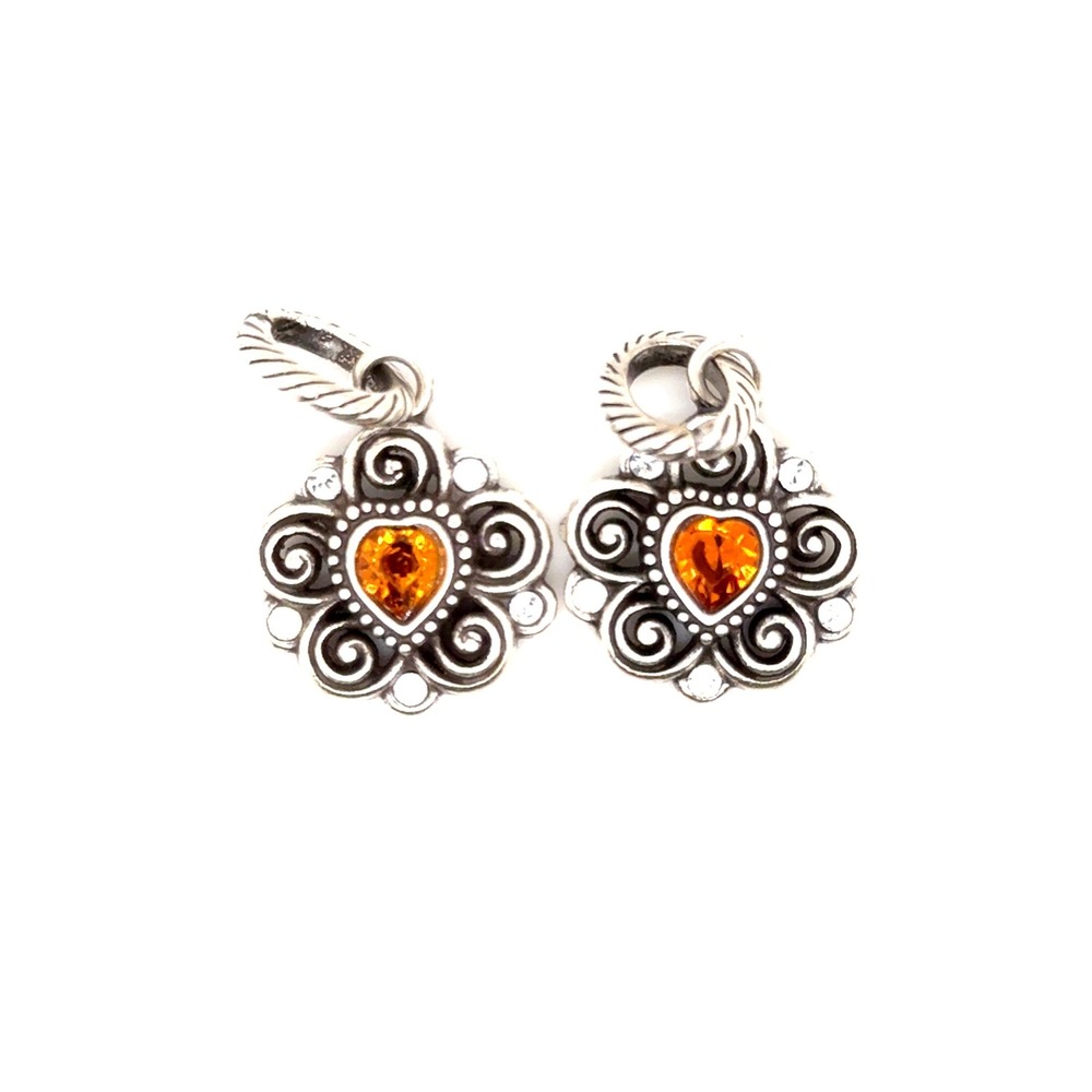 Brighton Silver Tone Orange Heart Crystal Flower Scrollwork Charms Set of 2